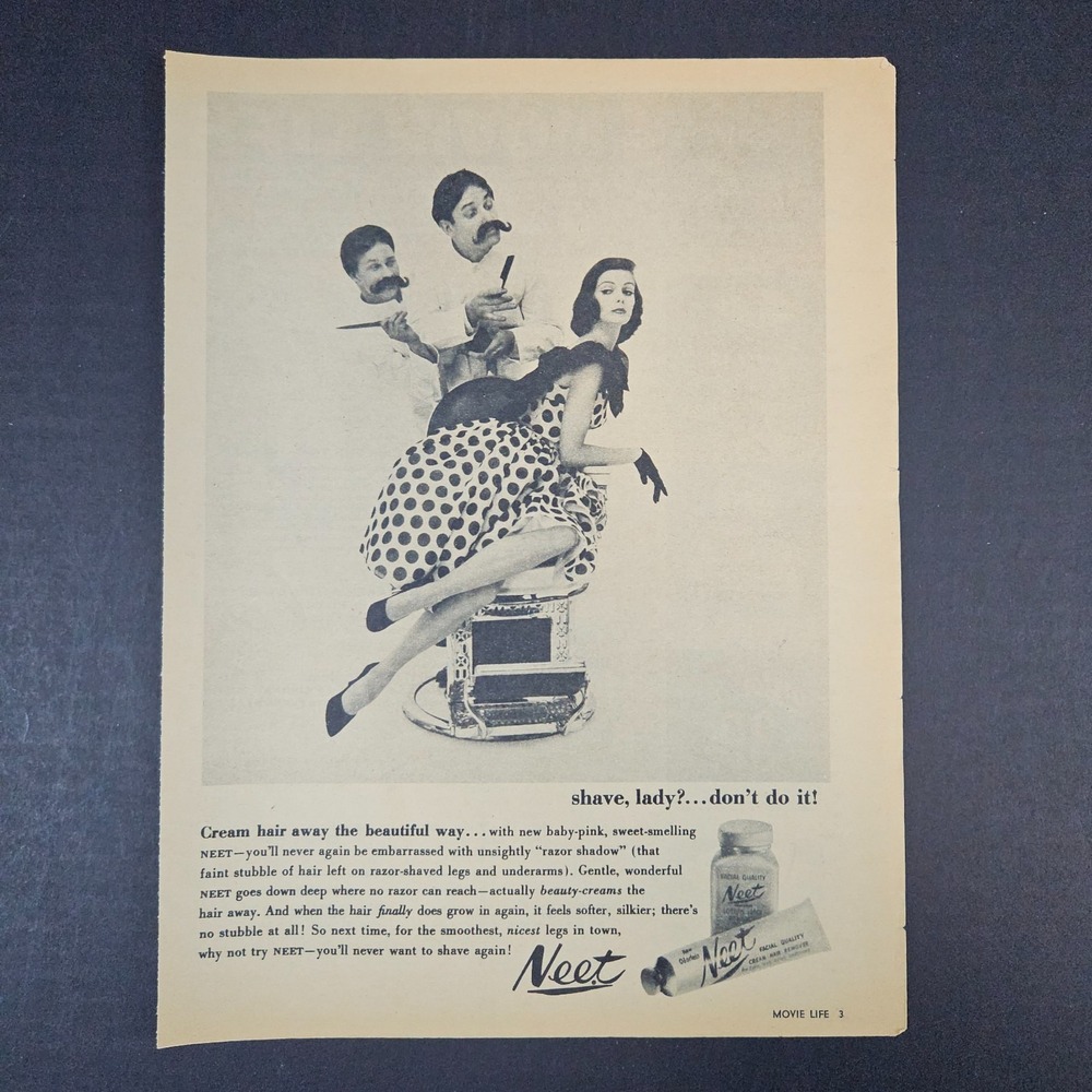 1960 Neet Hair Removal Cream Vintage Print Ad Elegant Lady Model In Barber Chair